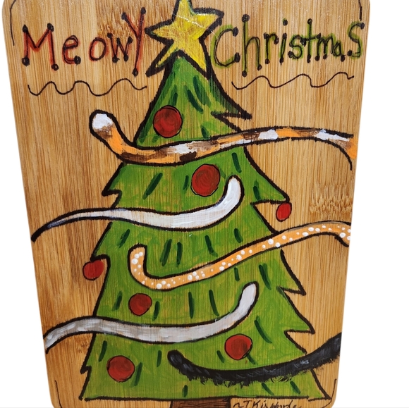 Hand Painted Meowy Christmas Sign Cat on Bamboo Wall Art Merry Christmas 6 X 9 - Picture 3 of 8